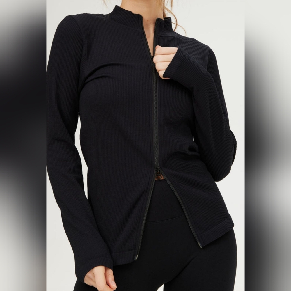 Plus Size Black Two-Way Zip-Up Ribbed Cardigan